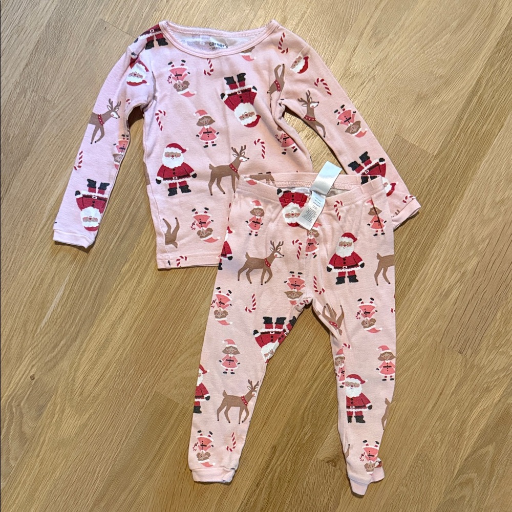 Festive Pink Santa and Reindeer Kids Pajama Set